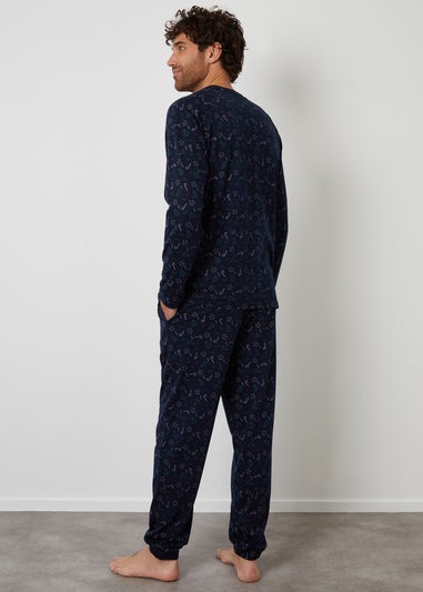 Threadbare Navy Printed Christmas Long Pyjamas