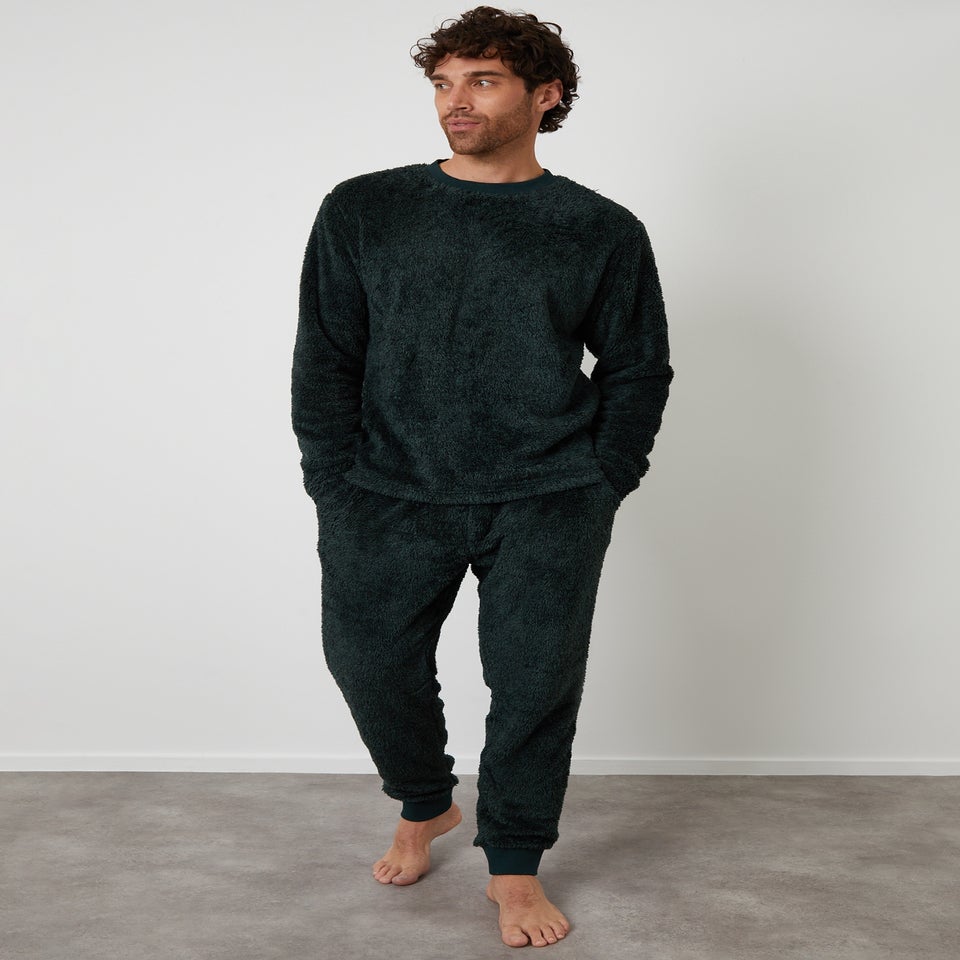 Threadbare Dark Green Two Tone Borg Loungewear Set