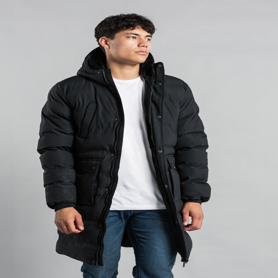 Nines Black Longline Funnel Neck Hooded Padded Jacket
