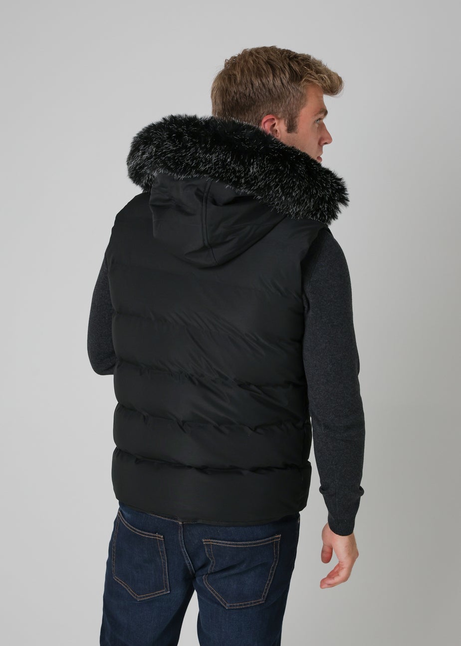Nines Black Padded Gilet with Faux Fur-Lined Hood