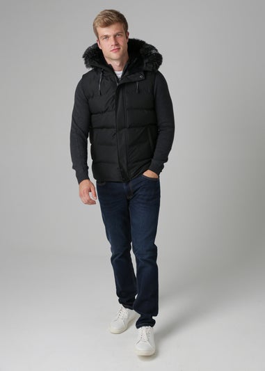Nines Black Padded Gilet with Faux Fur-Lined Hood