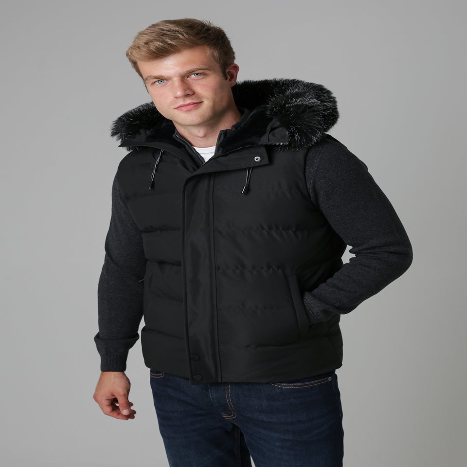 Nines Black Padded Gilet with Faux Fur-Lined Hood