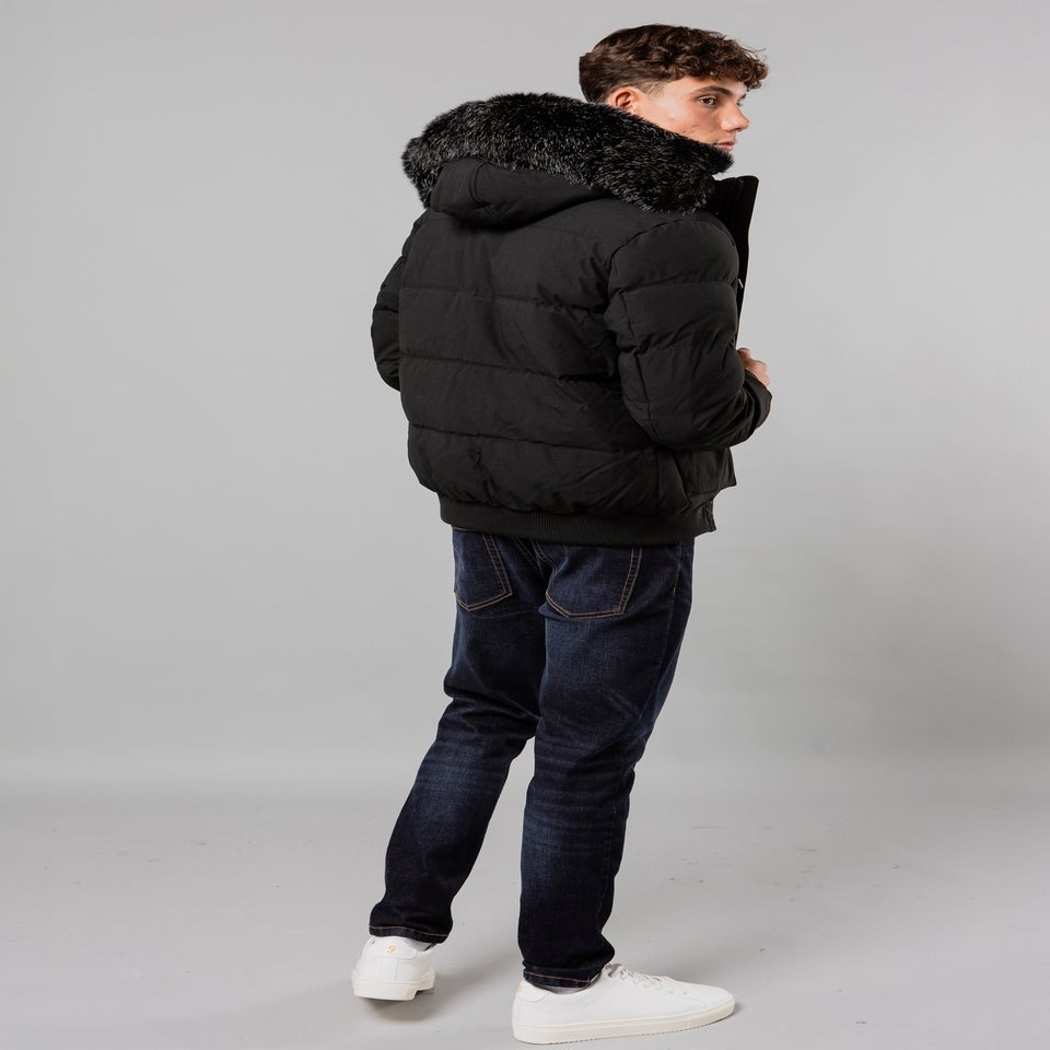Nines Black Padded Parka Jacket with Faux Fur-Lined Hood