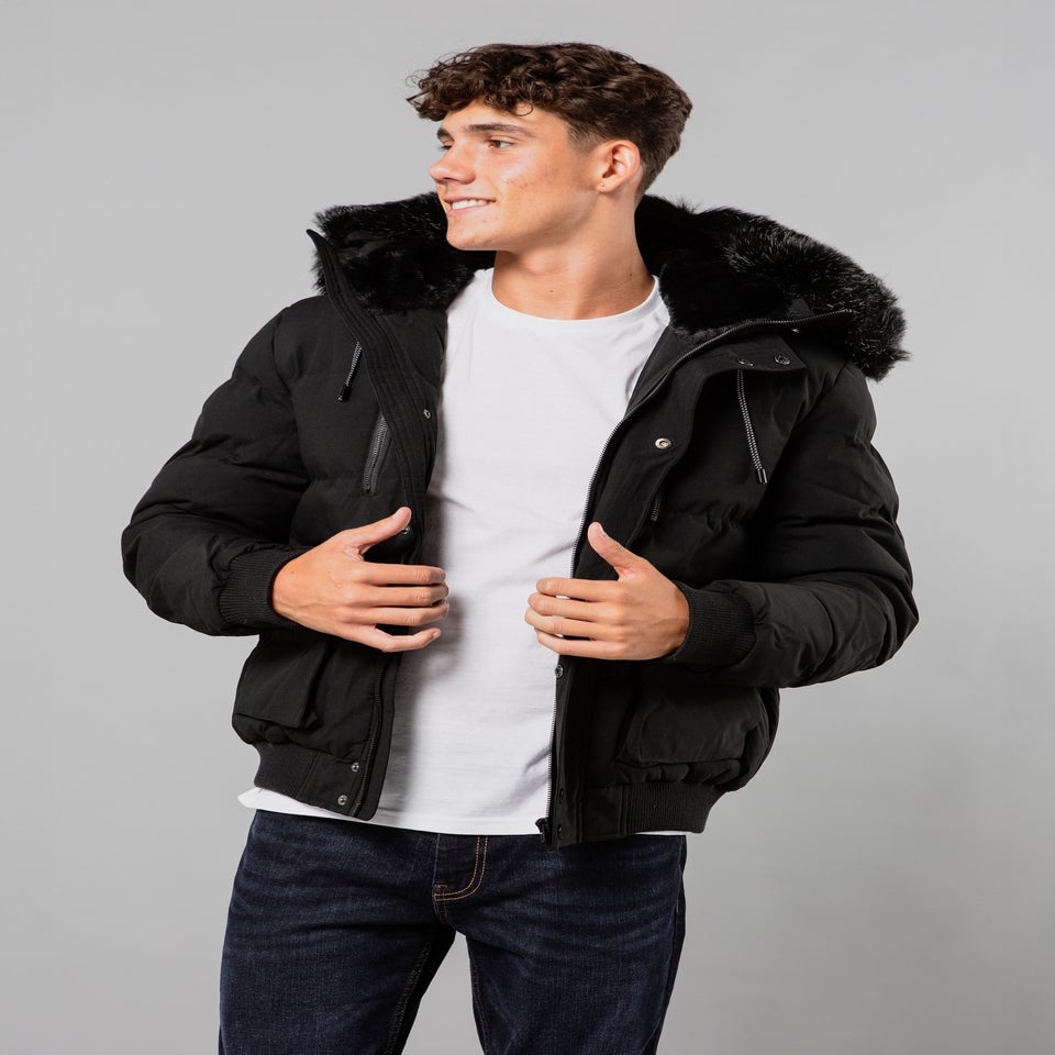 Nines Black Padded Parka Jacket with Faux Fur-Lined Hood