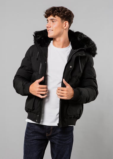 Nines Black Padded Parka Jacket with Faux Fur-Lined Hood