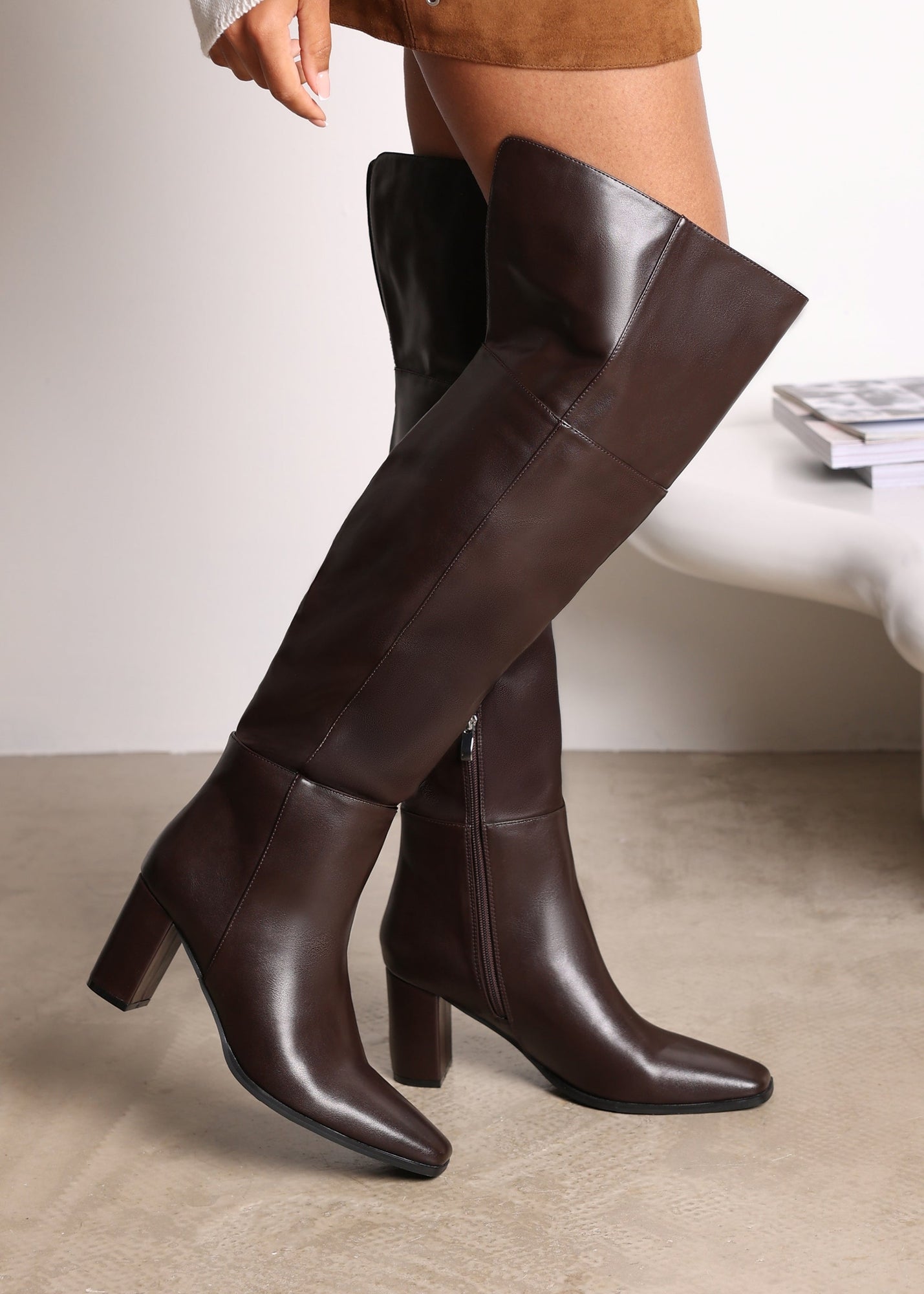 Where's That From Xenia Brown PU Over The Knee Boots - Matalan