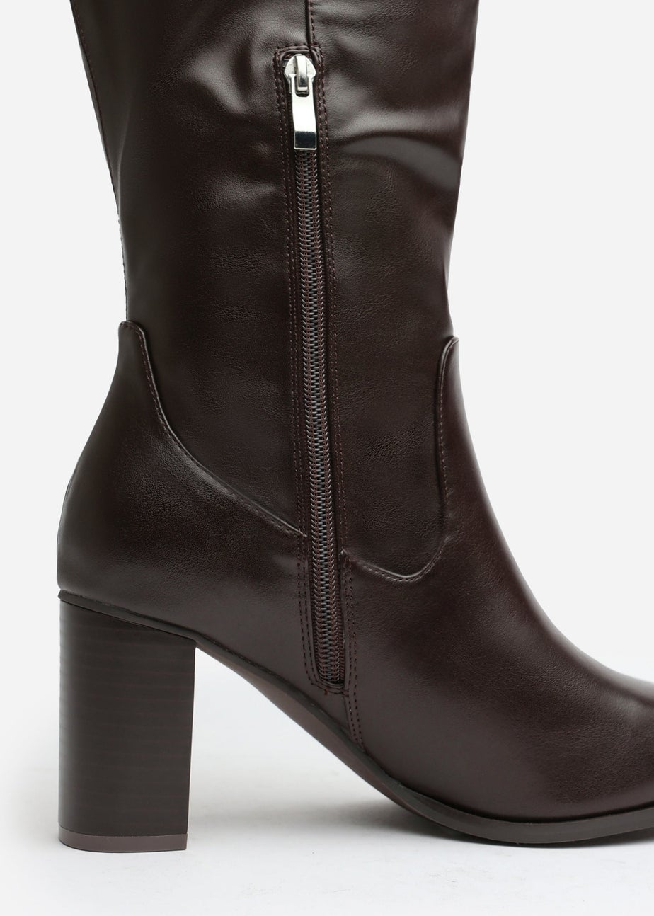 Where's That From Wide-Calf Hawthorn Brown PU Block Heel Boots
