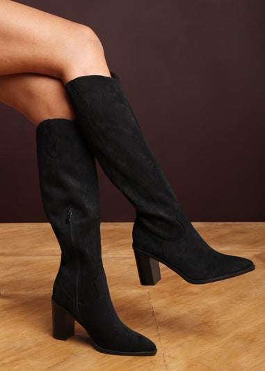 Where's That From Regina Black Suede Knee High Block Boots