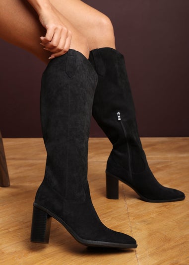 Where's That From Regina Black Suede Knee High Block Boots