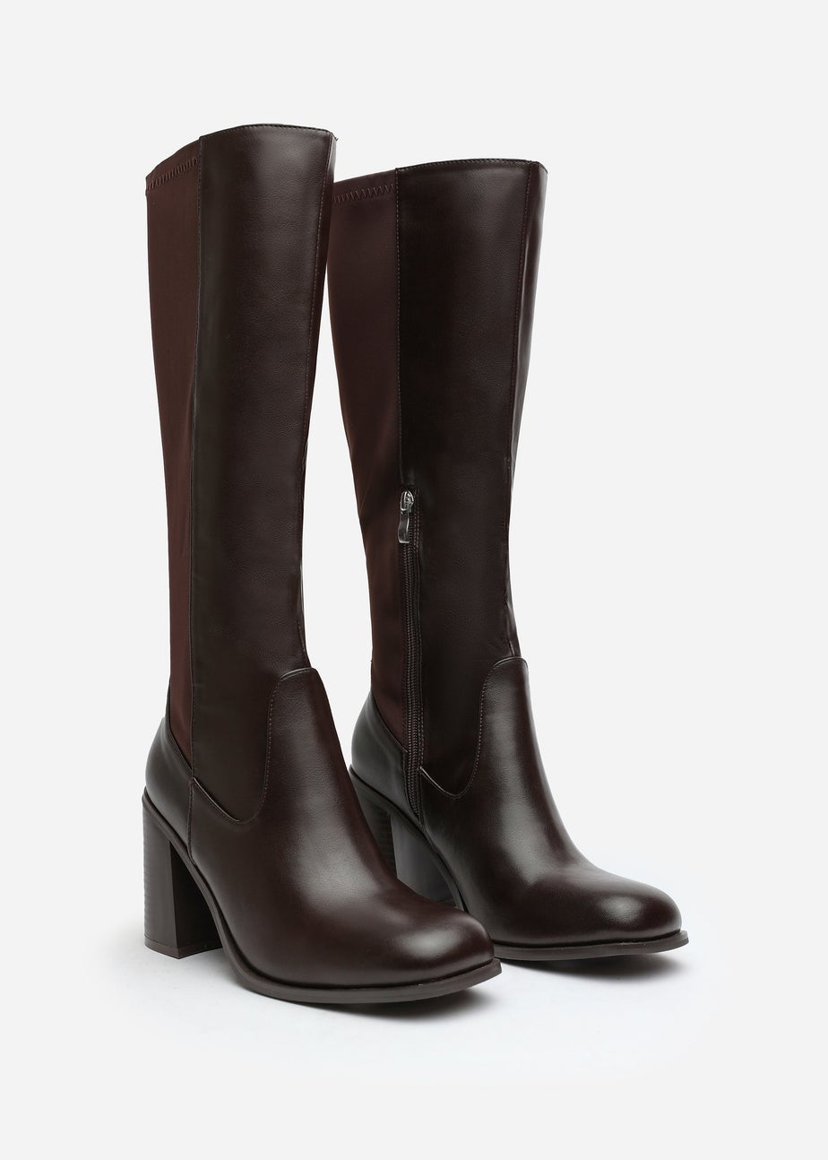 Where's That From Zhuri Wide-Fit Brown PU Knee High Boots