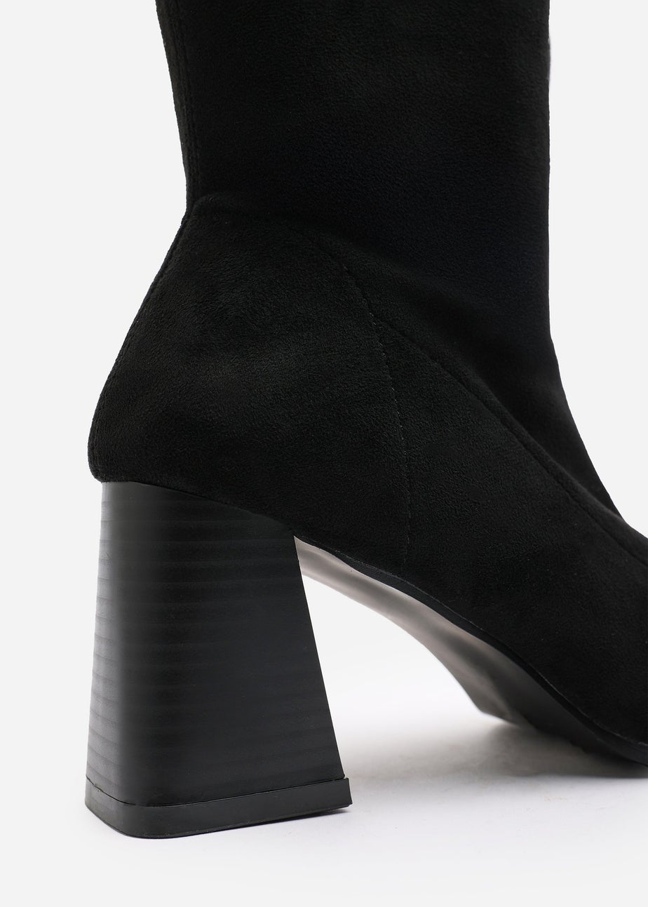 Where's That From Whitney Black Suede Stretch Calf Block Heel Boots