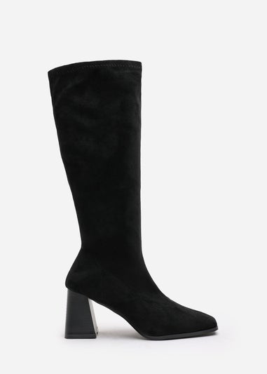 Where's That From Whitney Black Suede Stretch Calf Block Heel Boots
