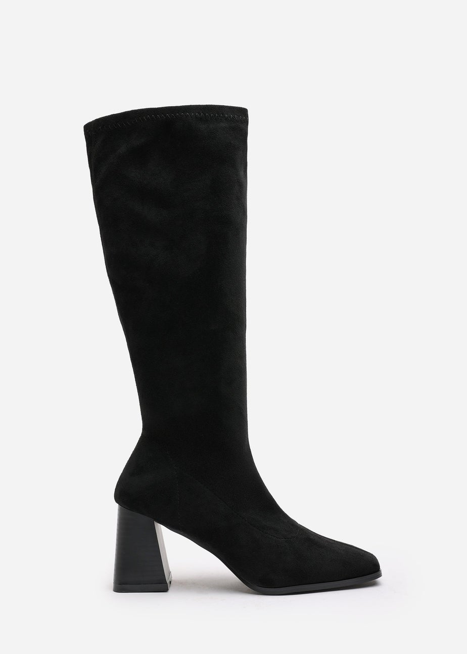 Where's That From Whitney Black Suede Stretch Calf Block Heel Boots