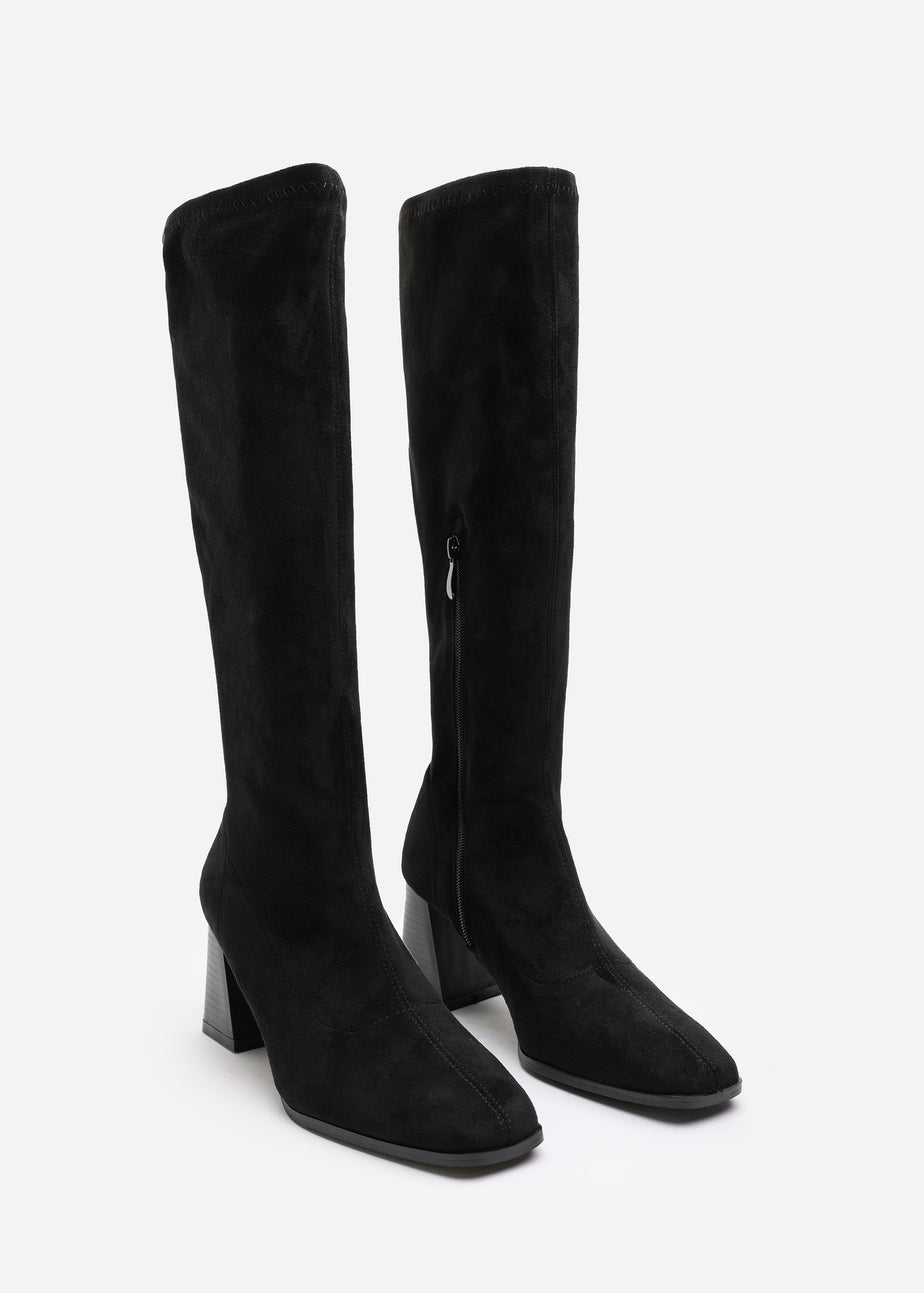 Where's That From Whitney Black Suede Stretch Calf Block Heel Boots