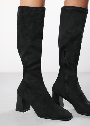 Where's That From Whitney Black Suede Stretch Calf Block Heel Boots