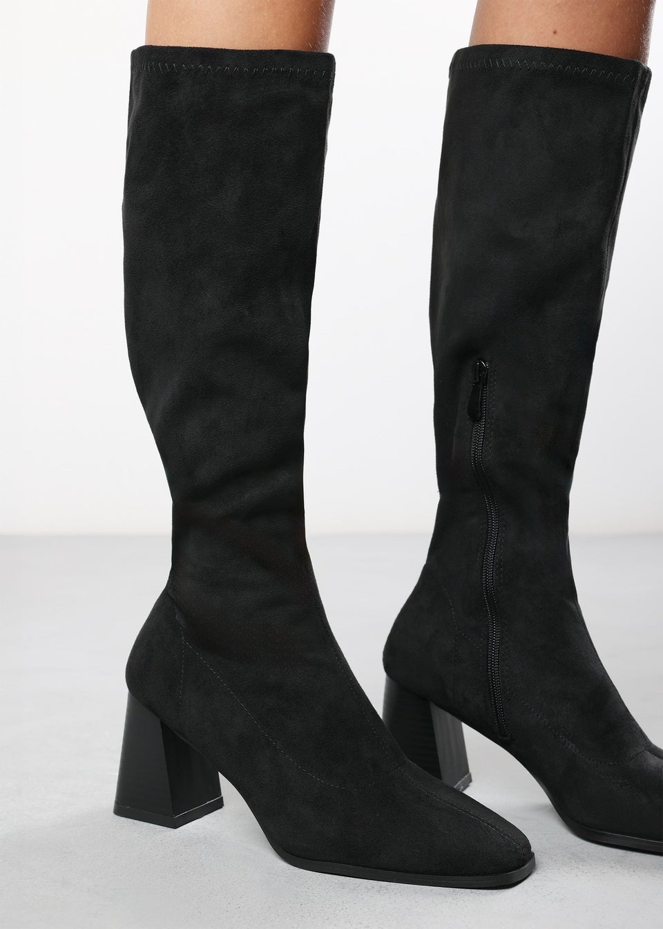 Where's That From Whitney Black Suede Stretch Calf Block Heel Boots