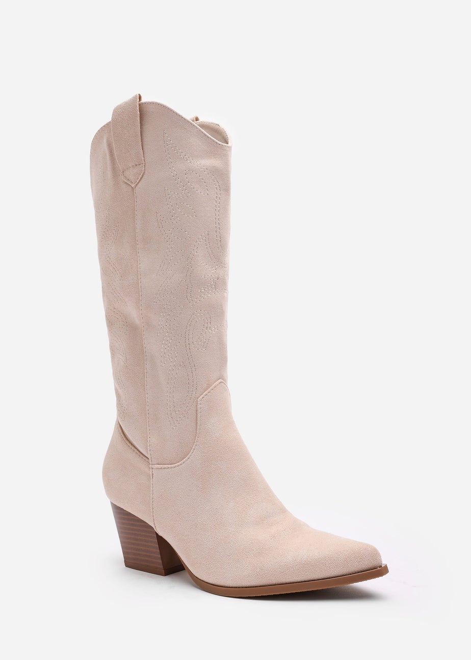 Where's That From Yasmine Beige Suede Western Cowboy Calf Boots