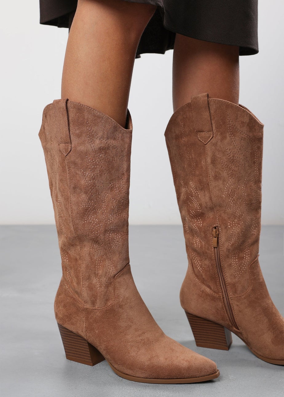 Where's That From Yasmine Camel Suede Western Cowboy Calf Boots