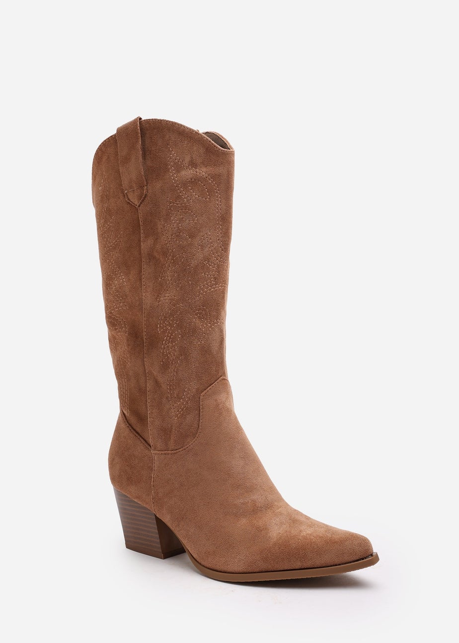 Where's That From Yasmine Camel Suede Western Cowboy Calf Boots