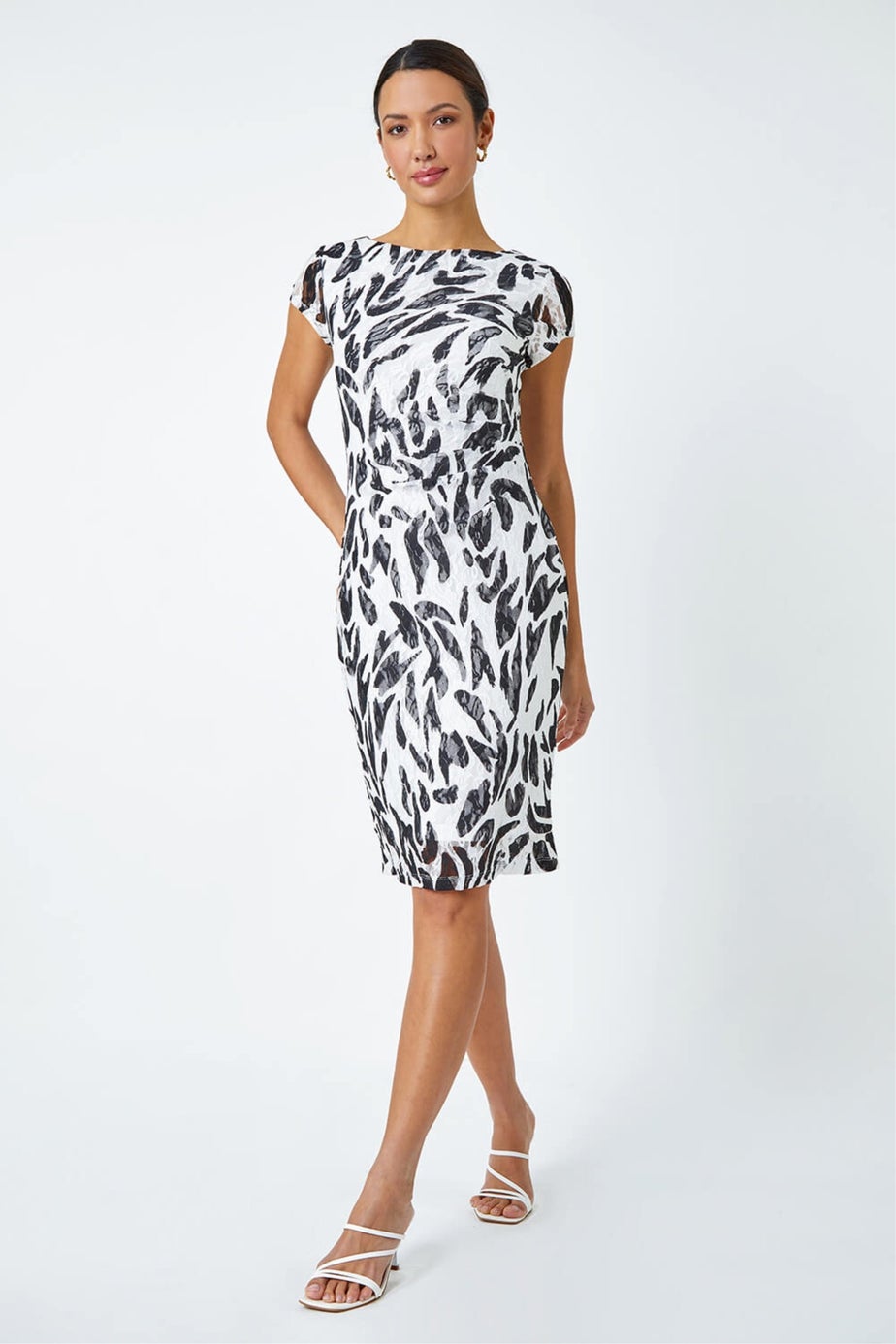 Roman Ivory Leaf Print Stretch Bodycon Lace Dress