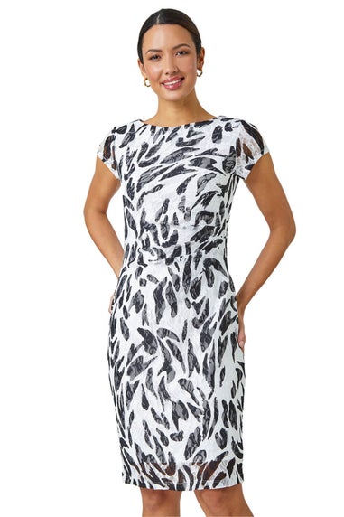 Roman Ivory Leaf Print Stretch Bodycon Lace Dress