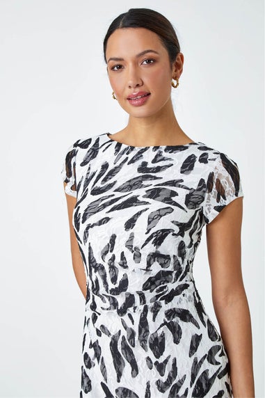 Roman Ivory Leaf Print Stretch Bodycon Lace Dress