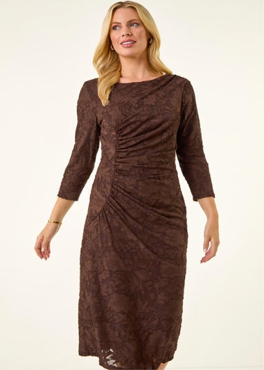 Roman Chocolate Petite Jacquard Ruched Stretch Dress