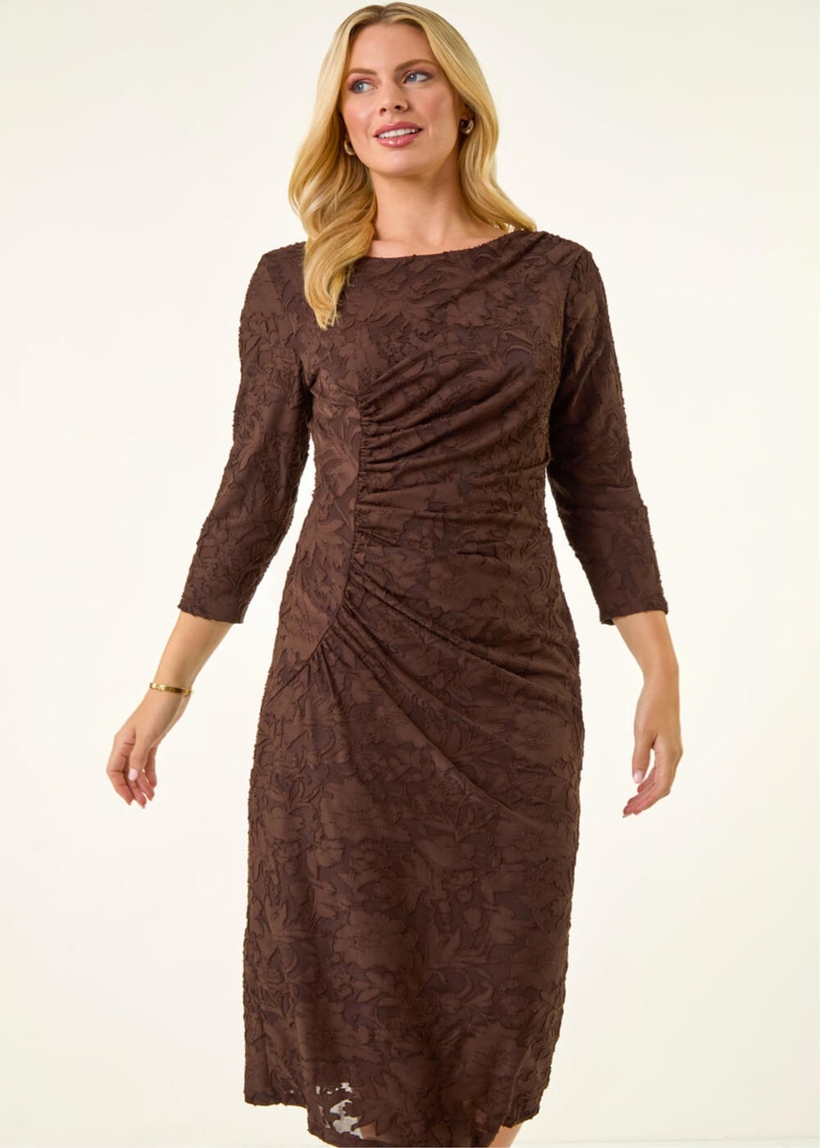 Roman Chocolate Petite Jacquard Ruched Stretch Dress