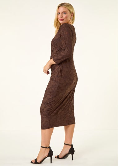 Roman Chocolate Petite Jacquard Ruched Stretch Dress