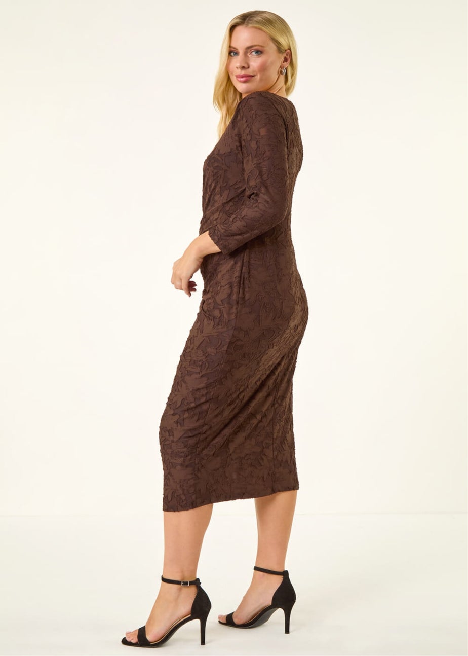 Roman Chocolate Petite Jacquard Ruched Stretch Dress