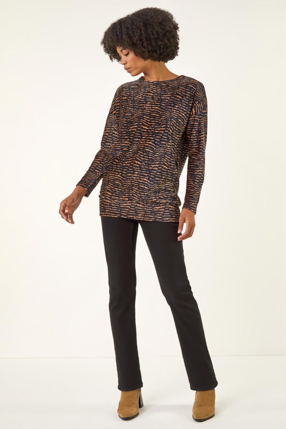 Roman Tan Animal Print Bubble Hem Top