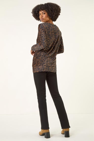 Roman Tan Animal Print Bubble Hem Top