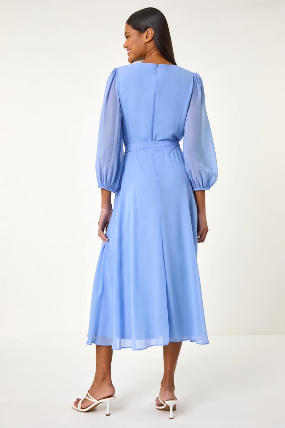 Roman Blue Chiffon V-Neck Midi Dress