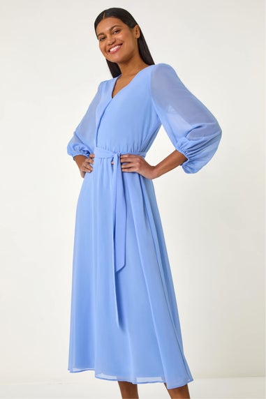 Roman Blue Chiffon V-Neck Midi Dress