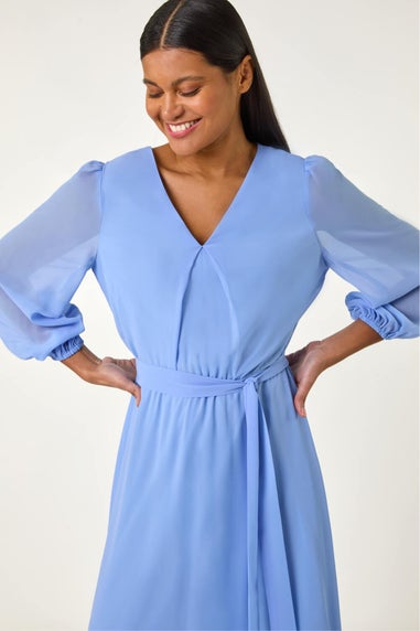 Roman Blue Chiffon V-Neck Midi Dress