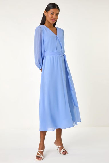Roman Blue Chiffon V-Neck Midi Dress