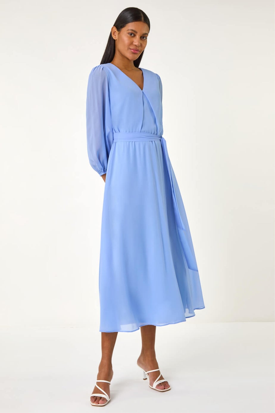 Roman Blue Chiffon V-Neck Midi Dress