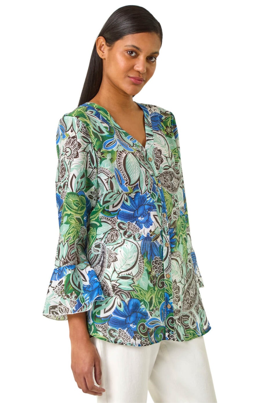 Roman Blue Paisley V-Neck Blouse