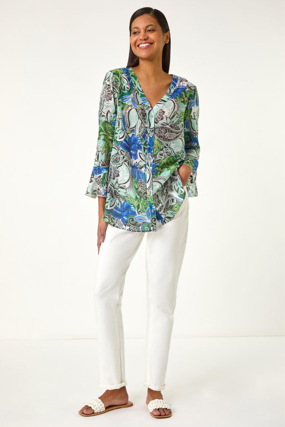 Roman Blue Paisley V-Neck Blouse