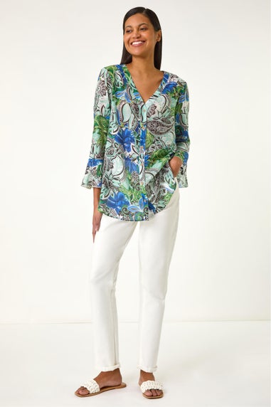 Roman Blue Paisley V-Neck Blouse