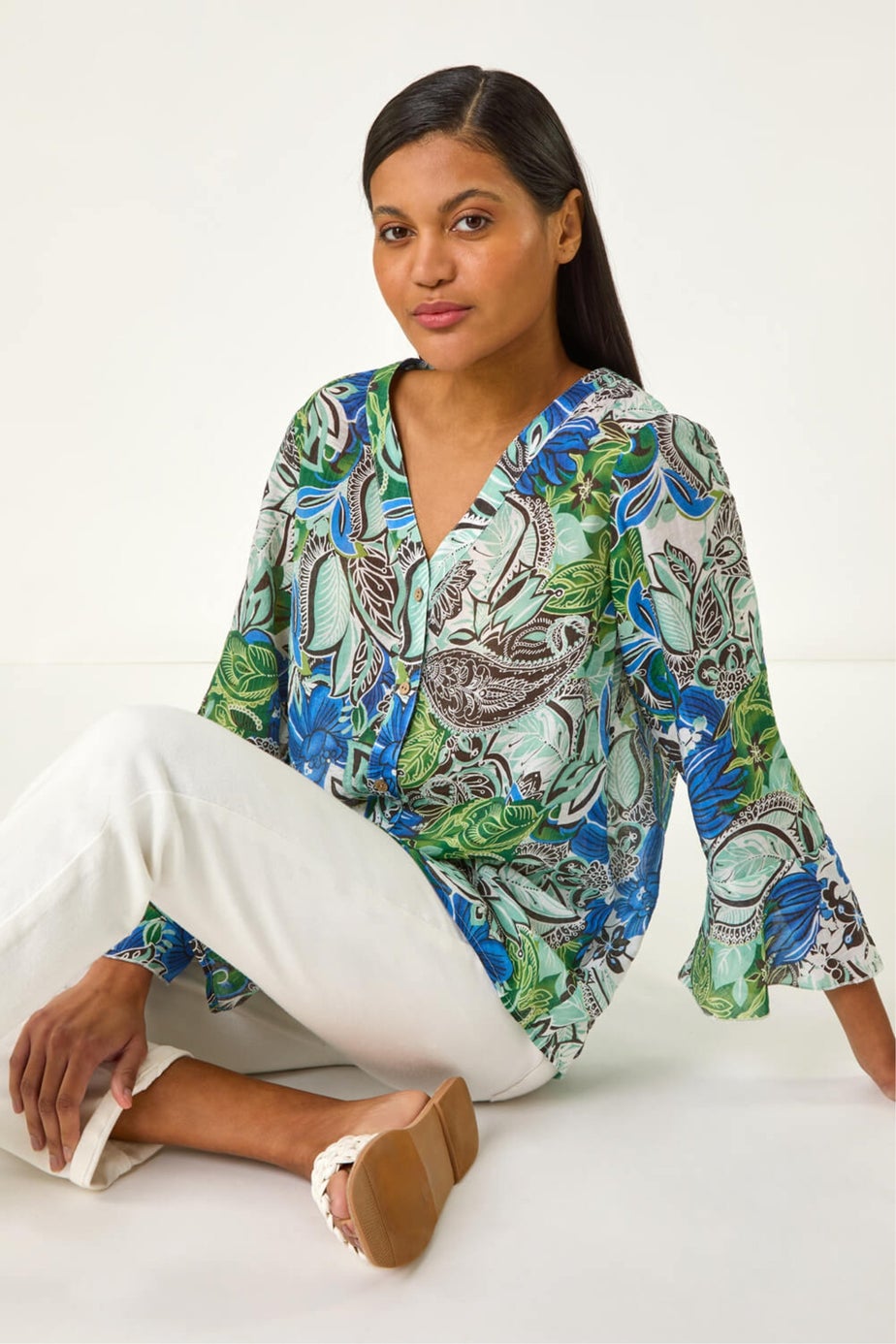 Roman Blue Paisley V-Neck Blouse