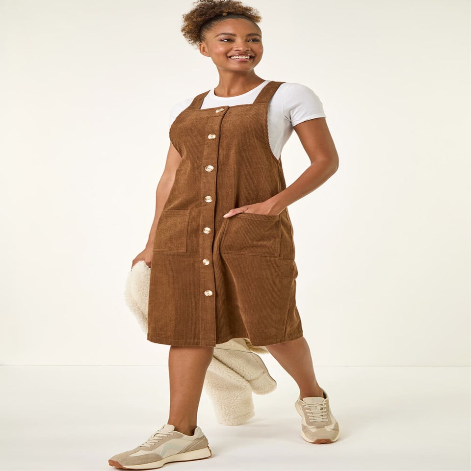 Roman Chocolate Corduroy Pinafore Midi Dress