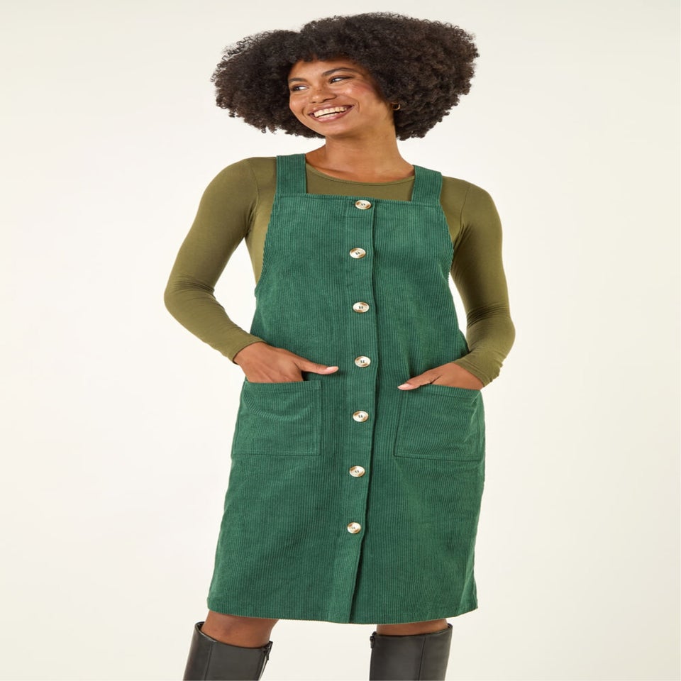 Roman Green Corduroy Pinafore Midi Dress
