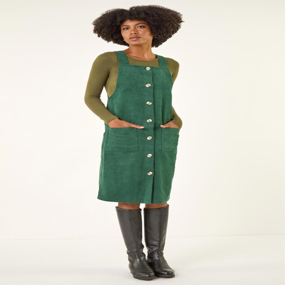 Roman Green Corduroy Pinafore Midi Dress