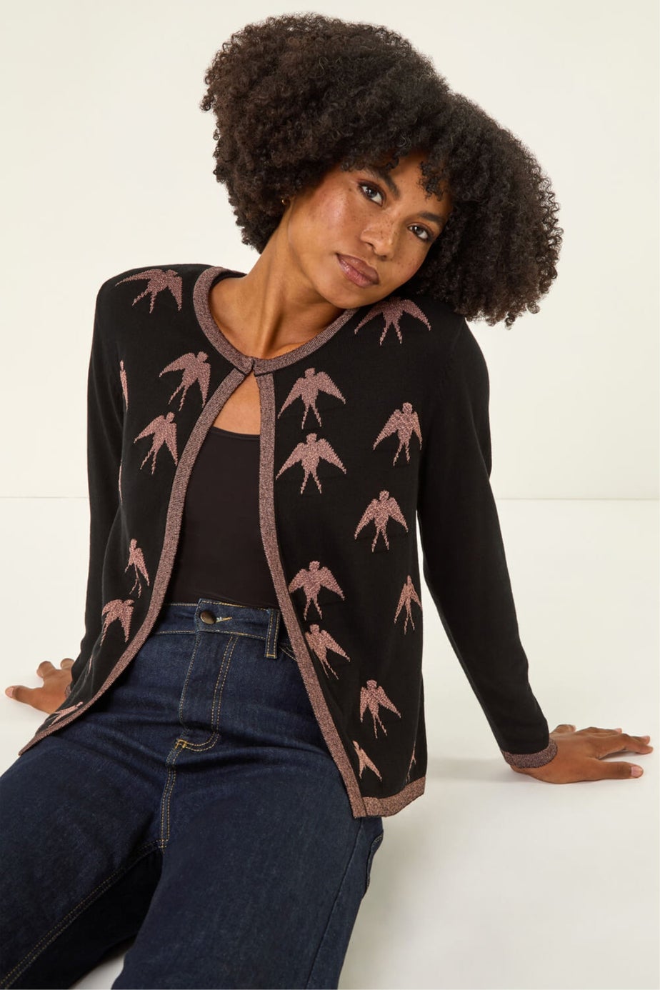 Roman Black Metallic Print Knit Cardigan