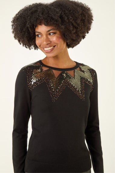 Roman Black Sequin Mix Knit Top