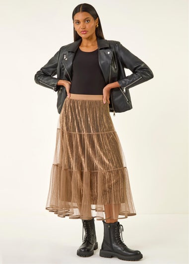 Roman Mocha Pleated Velvet Overlay Skirt