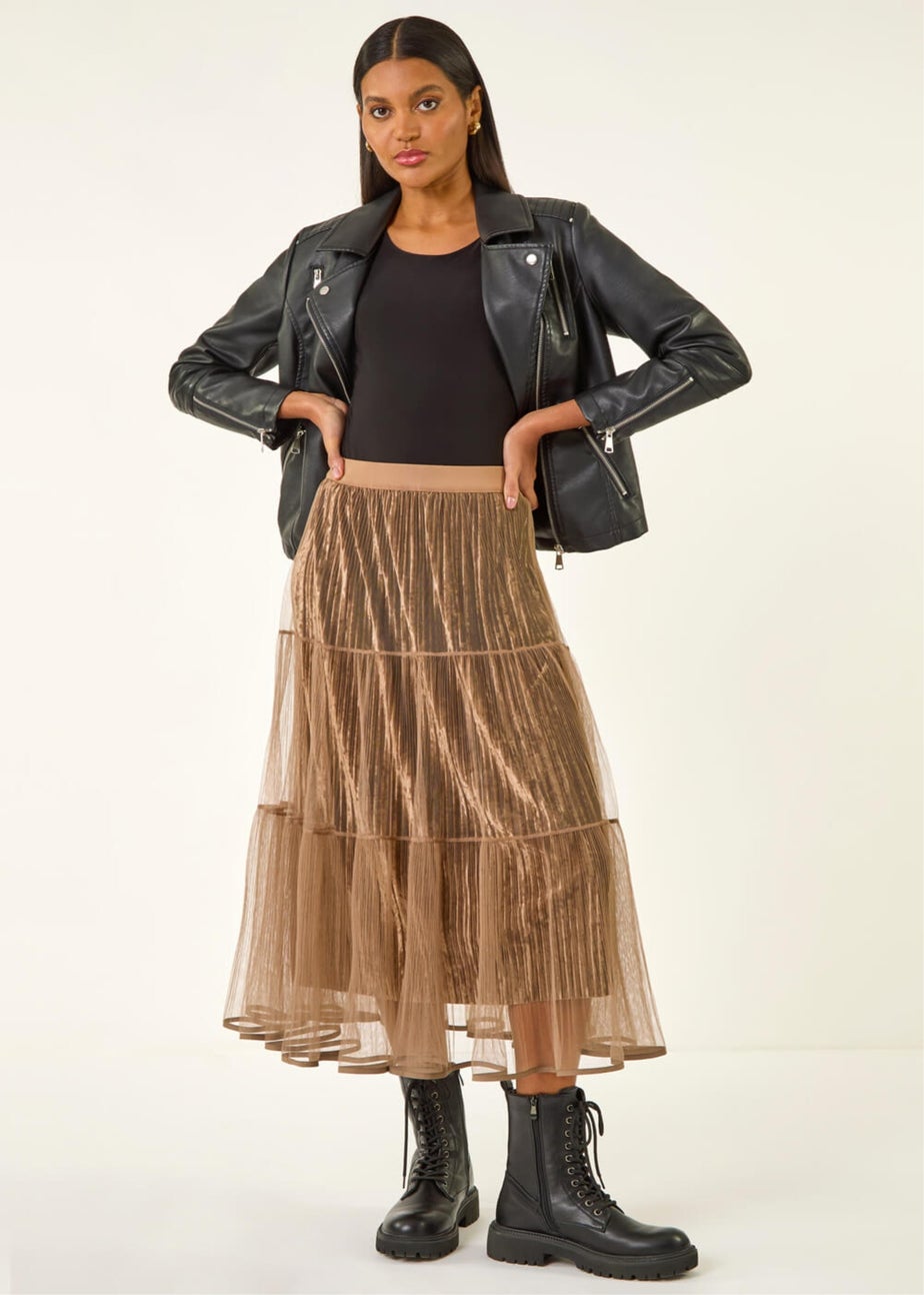 Roman Mocha Pleated Velvet Overlay Skirt