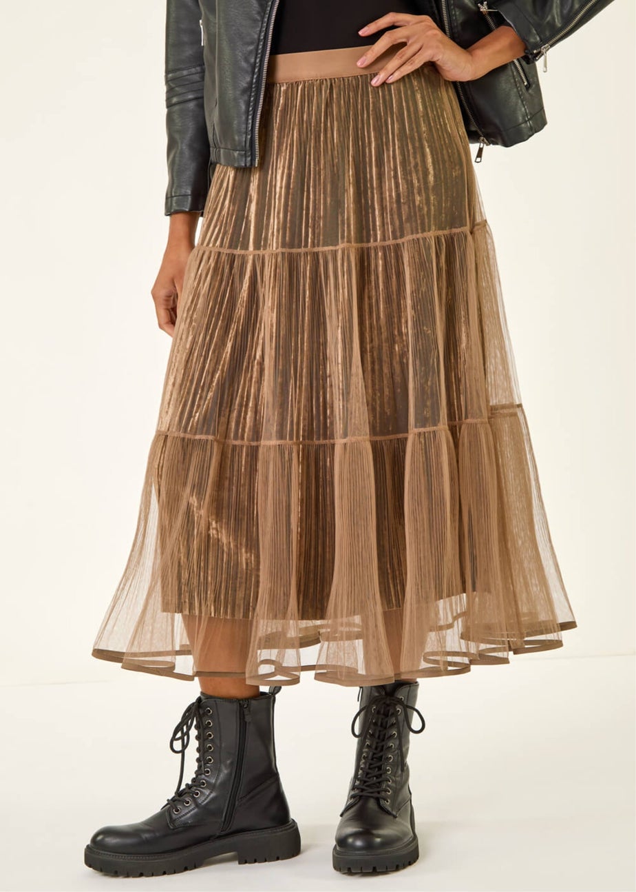 Roman Mocha Pleated Velvet Overlay Skirt
