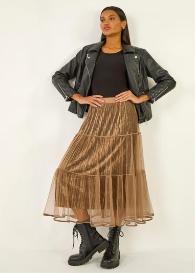 Roman Mocha Pleated Velvet Overlay Skirt